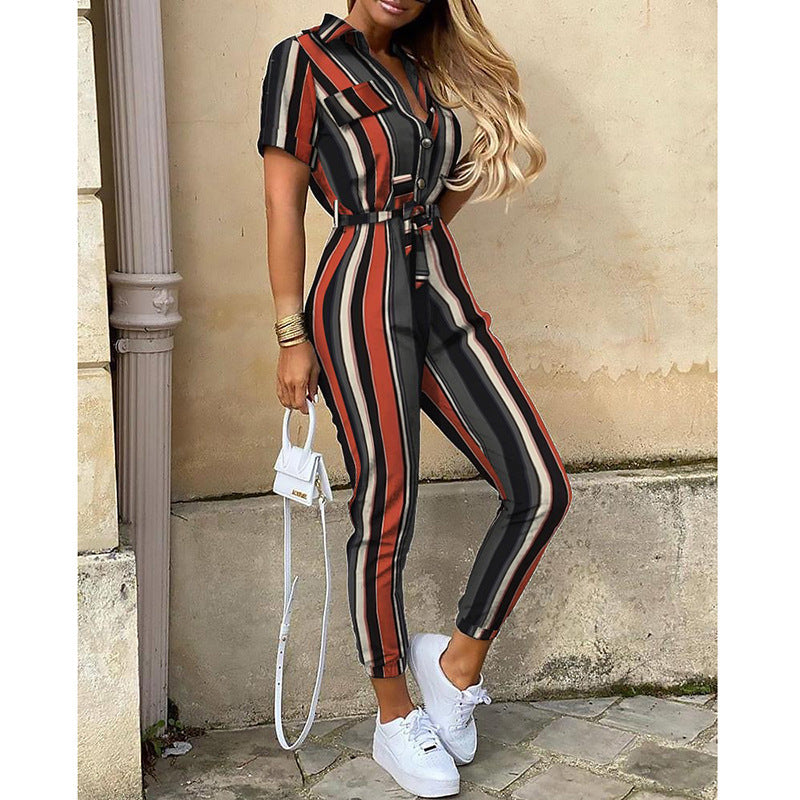 Casual Lapel Printed Belt Overalls