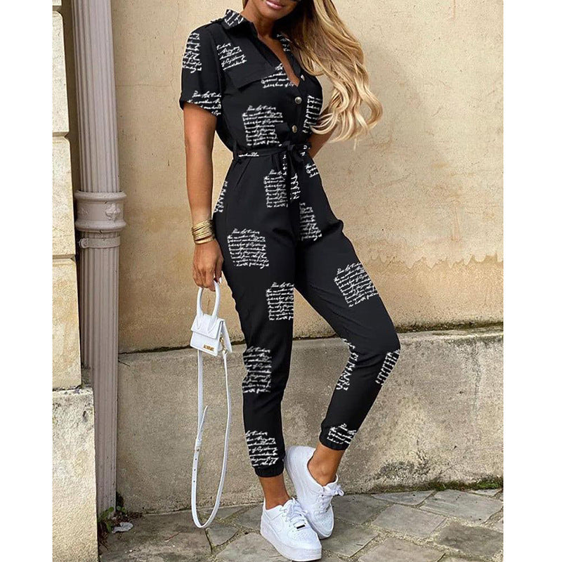 Casual Lapel Printed Belt Overalls