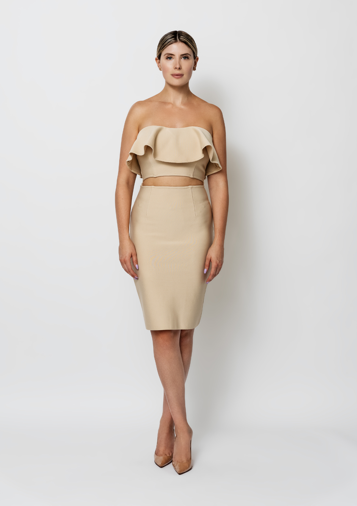 Lola Strapless Ruffle Bandage Dress In Nude-2
