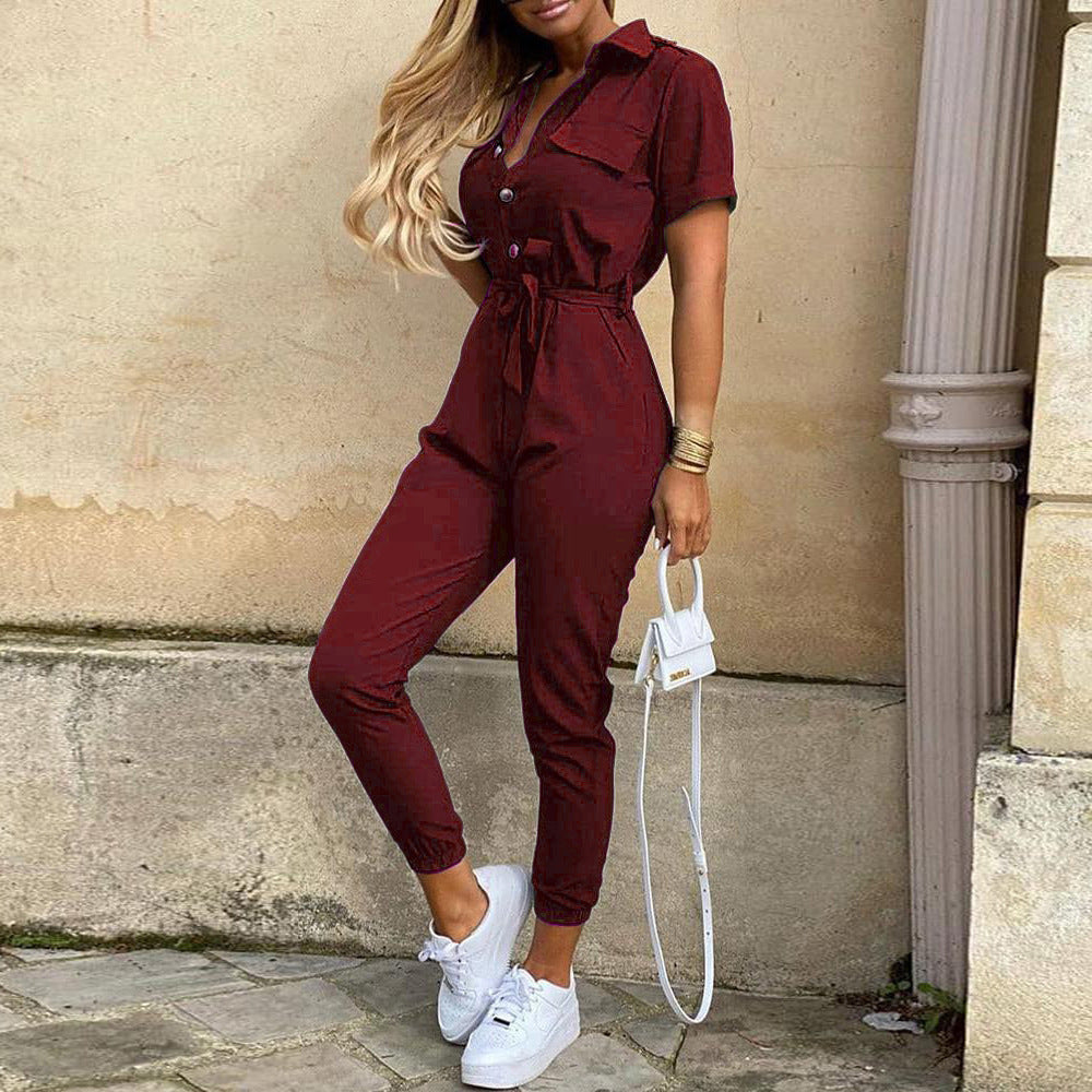 Casual Lapel Printed Belt Overalls