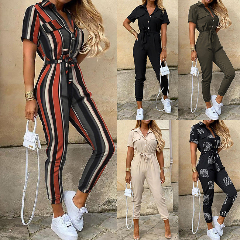 Casual Lapel Printed Belt Overalls