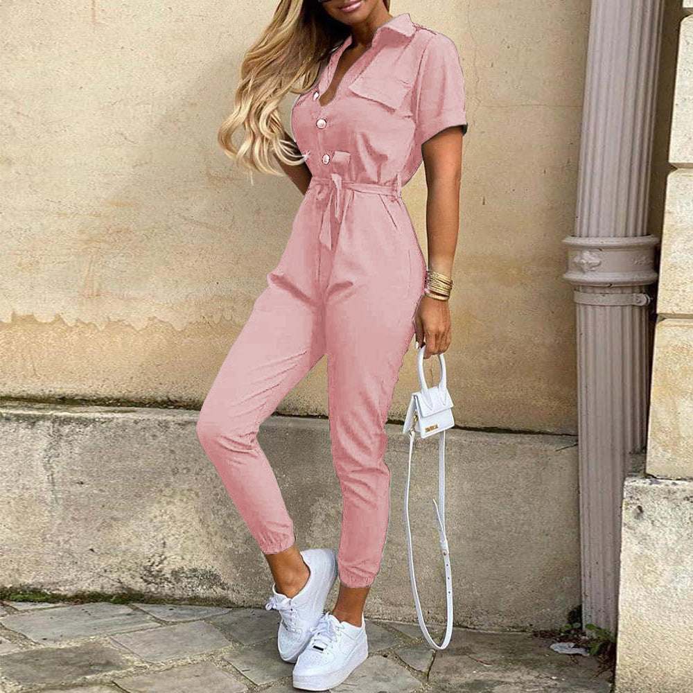 Casual Lapel Printed Belt Overalls