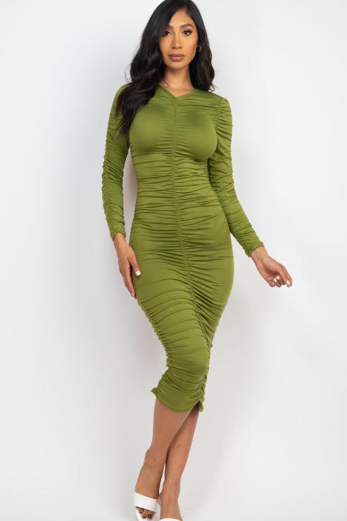 Ruched Long Sleeve Midi Dress (CAPELLA)-7