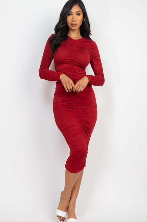 Ruched Long Sleeve Midi Dress (CAPELLA)-4