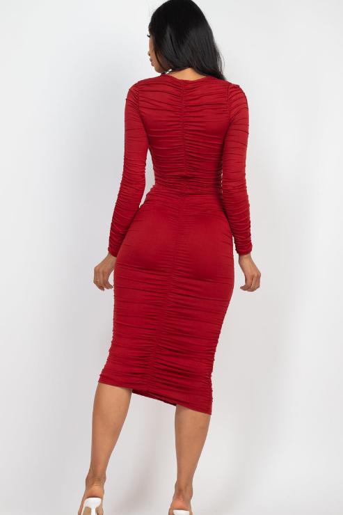 Ruched Long Sleeve Midi Dress (CAPELLA)-2