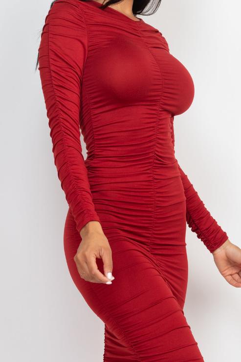 Ruched Long Sleeve Midi Dress (CAPELLA)-3