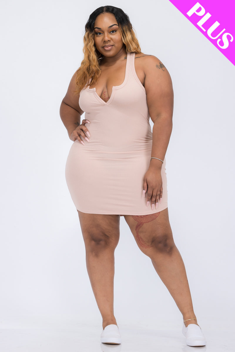 Plus Size Ribbed Split Neck Tank Mini Dress (CAPELLA)-5