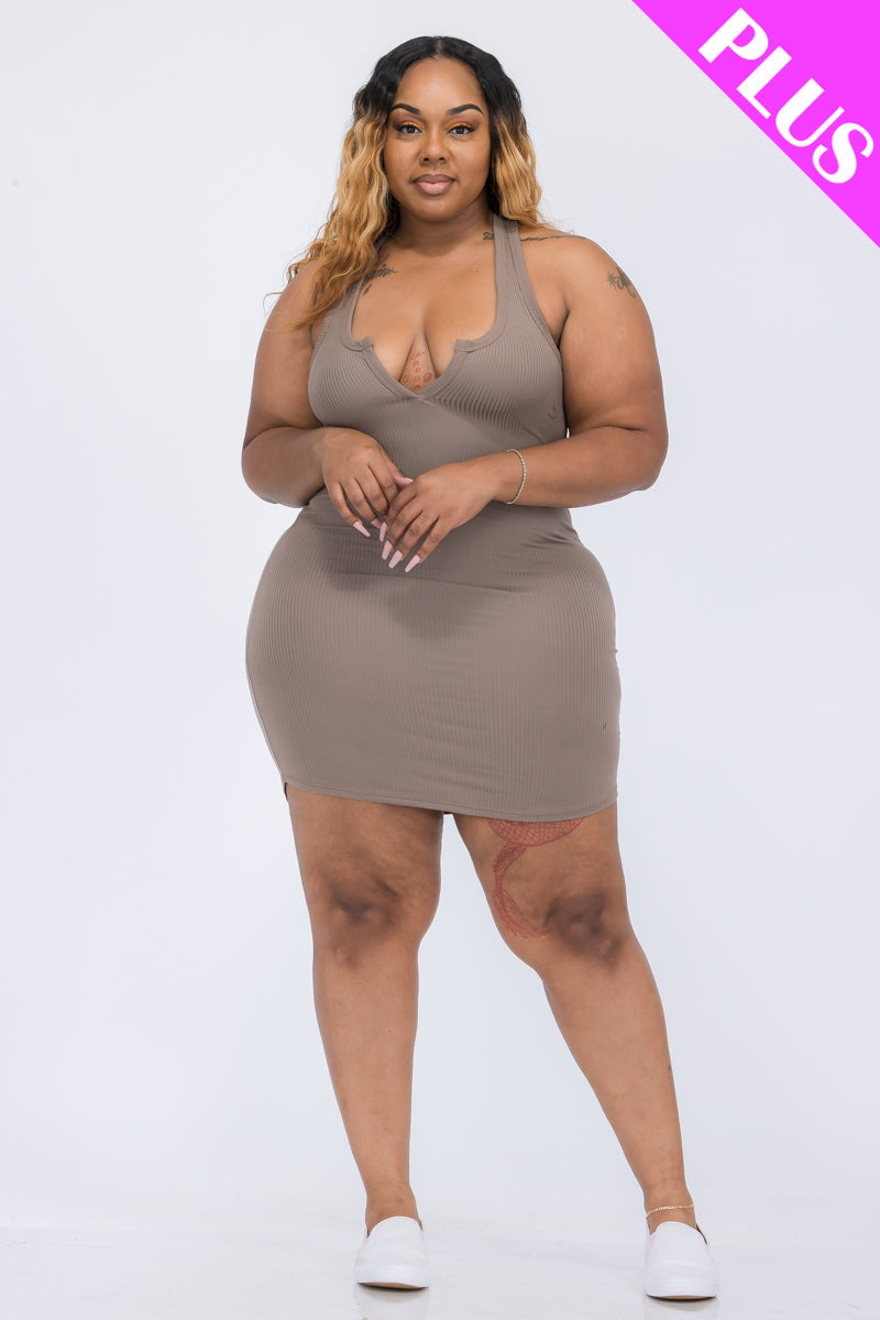 Plus Size Ribbed Split Neck Tank Mini Dress (CAPELLA)-9