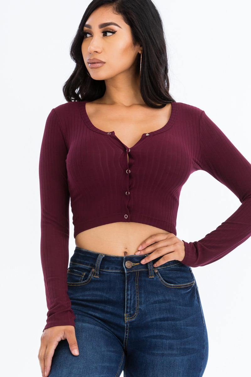 Ribbed Long Sleeve Snap Button Down Crop Top (CAPELLA)-6