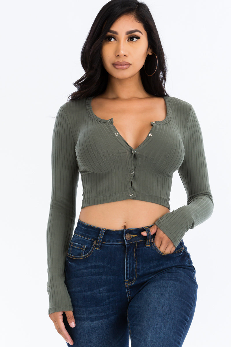 Ribbed Long Sleeve Snap Button Down Crop Top (CAPELLA)-9
