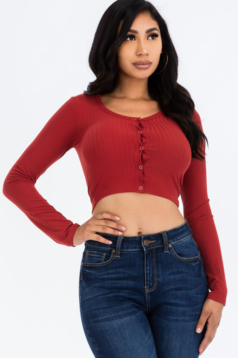 Ribbed Long Sleeve Snap Button Down Crop Top (CAPELLA)-10