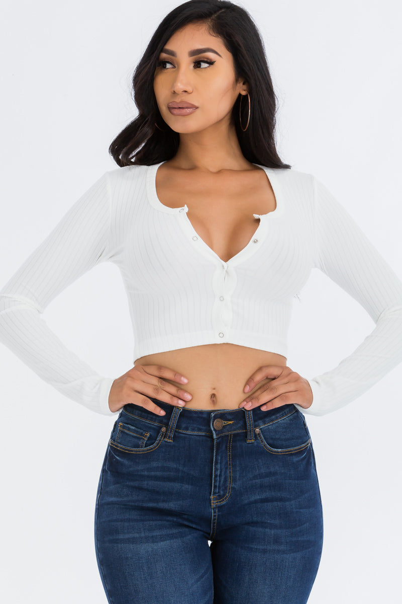 Ribbed Long Sleeve Snap Button Down Crop Top (CAPELLA)-11