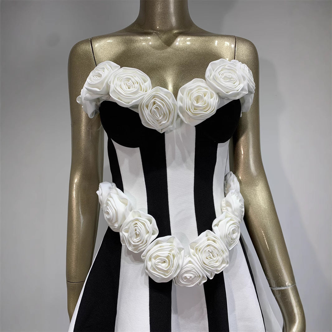 European And American Bandage Dress Tube Top Flower Striped Party Skirt