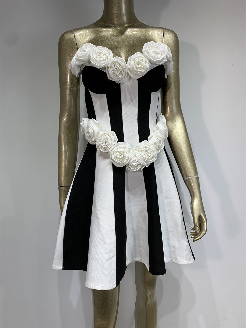 European And American Bandage Dress Tube Top Flower Striped Party Skirt
