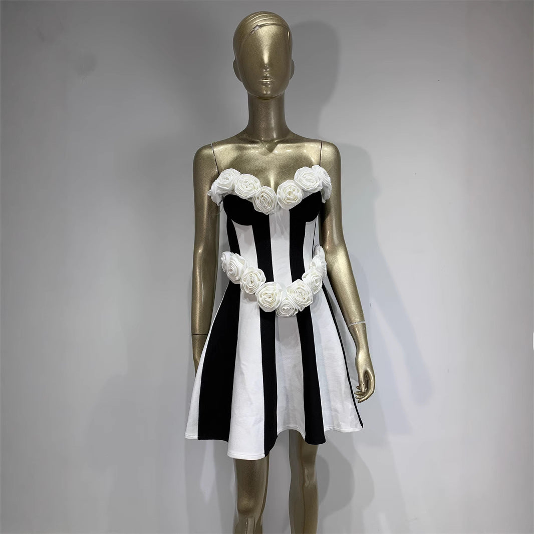European And American Bandage Dress Tube Top Flower Striped Party Skirt