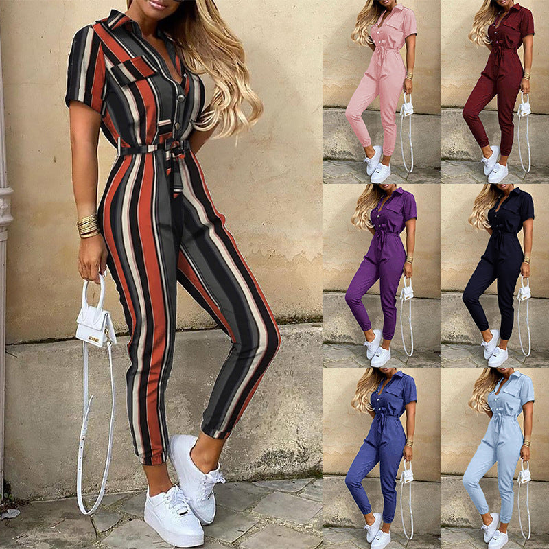 Casual Lapel Printed Belt Overalls