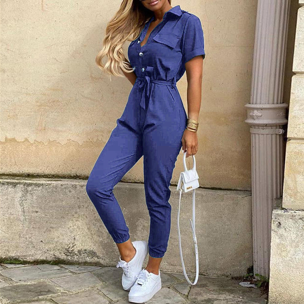 Casual Lapel Printed Belt Overalls