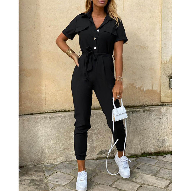 Casual Lapel Printed Belt Overalls