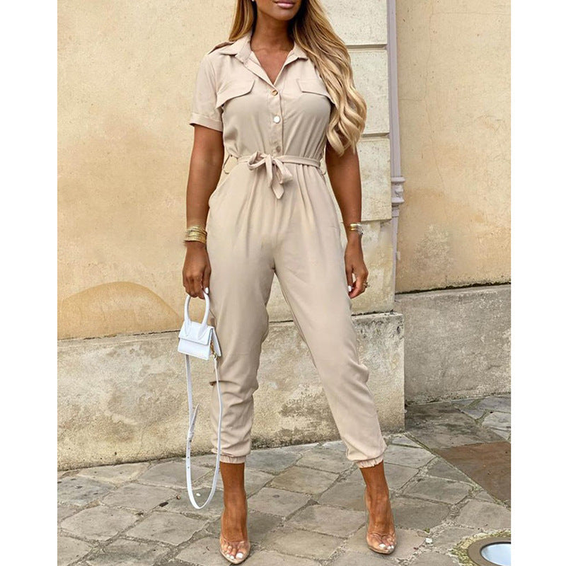 Casual Lapel Printed Belt Overalls