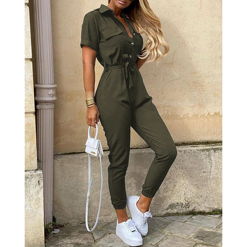 Casual Lapel Printed Belt Overalls
