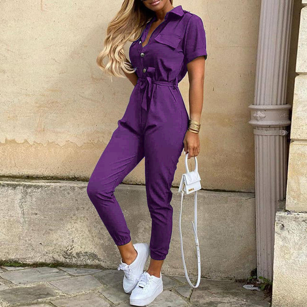 Casual Lapel Printed Belt Overalls