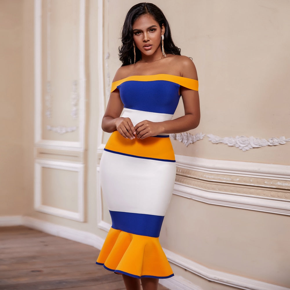New Arrivals Bandage Dresses Off Shoulder Celebrity Bandage Dresses Yellow  Mermaid Party Dresses-0