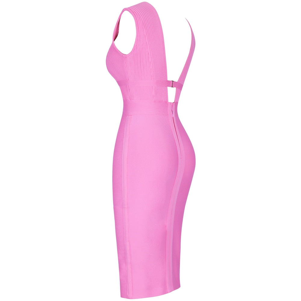 Women Cut Out Bandage Dress Bodycon Sexy Double Deep v Neck Pink Bandage Dress Rayon Evening Party Dress-2