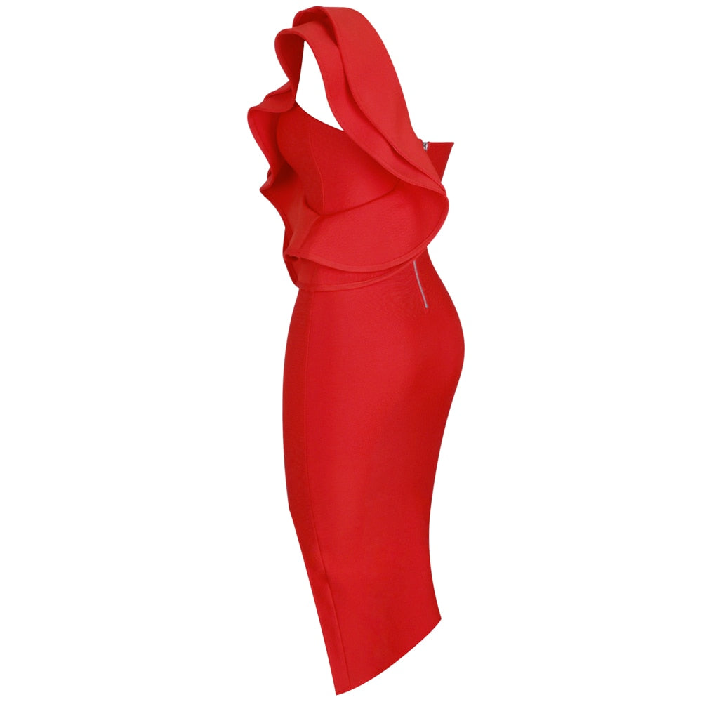 Women One Shoulder Bandage Dress Elegant Ruffles Red Bandage Dress Sexy Party Night Club Dress-4